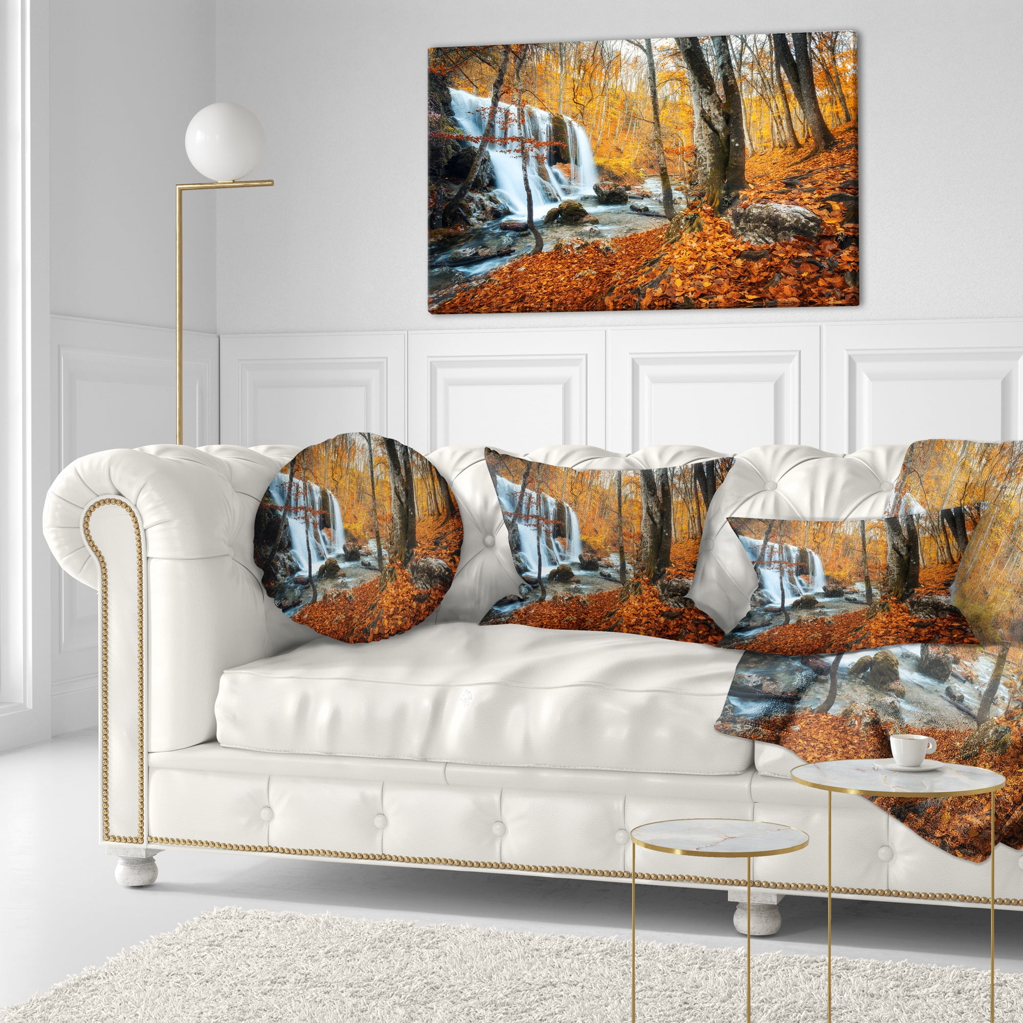 Designart Autumn Mountain Waterfall Close View - Landscape Photography Throw Pillow - 12x20