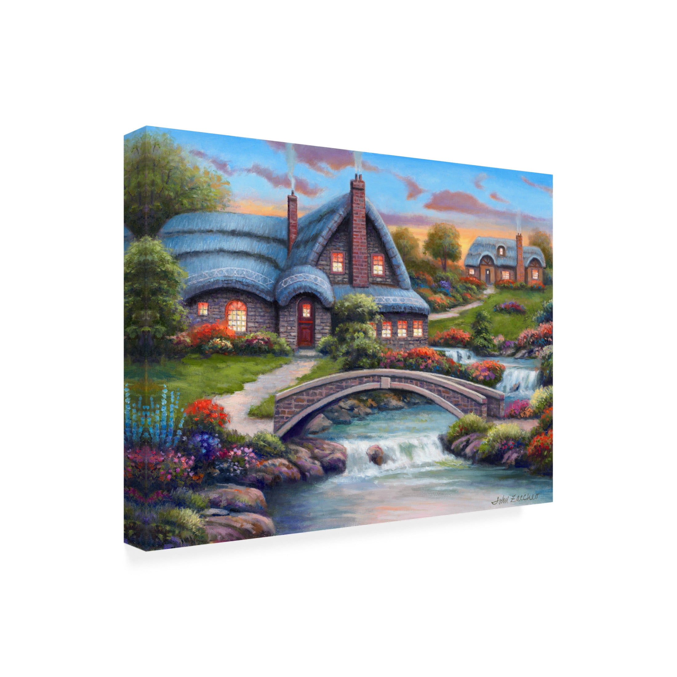 Canvas Wall Art - John Zaccheo 'Stone Bridge Cottages' Wall Art for Living Room, Bedroom, or Office Décor by Trademark Fine Art - 19 x 14 Inches