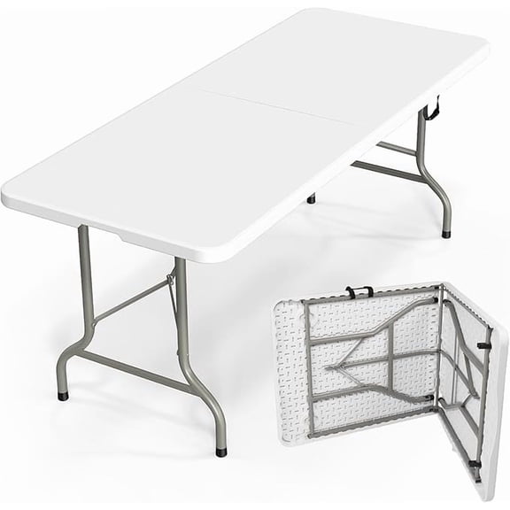 MOONXIAN  White 6 Foot Fold-in-Half Plastic Table, Indoor Outdoor, Scratch Resistant, Stain & UV Damage, Built-in Carry Handle