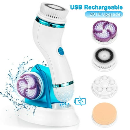 Deep Cleansing Brush SYCEES Facial Cleansing Brush, Waterproof Rechargeable Electric Rotating Face Cleanser Brush Set with 4 Brush Heads, Fit for Skin Care Deep Cleansing, Removing Blackhead & Massaging ()