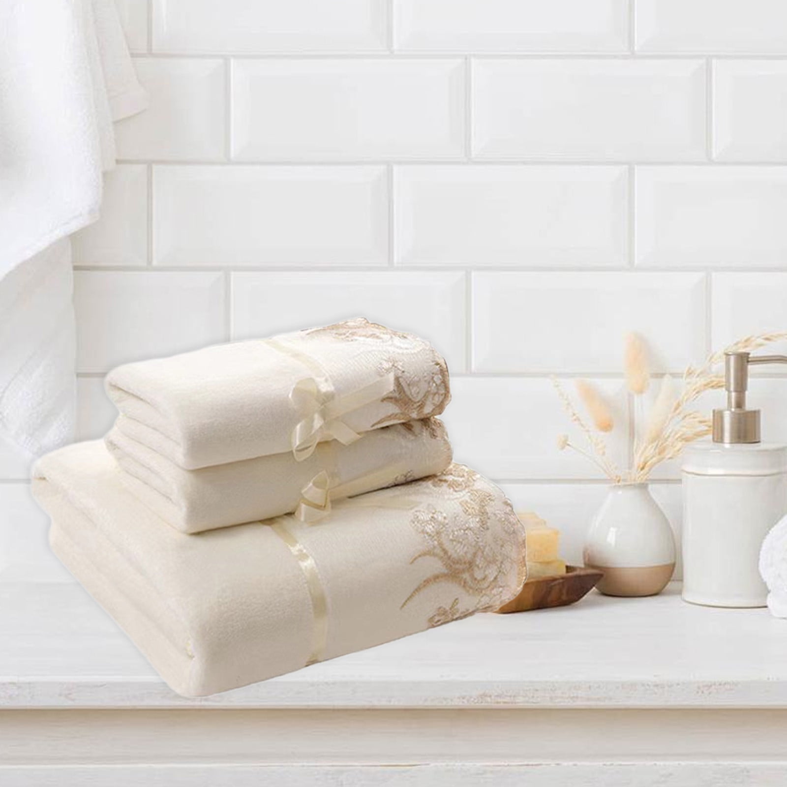 3-Piece Embroidered Bath Towel Set - Soft Absorbent Cotton Gift Towels with Lace Trim for Spa/Bathroom (White)​
