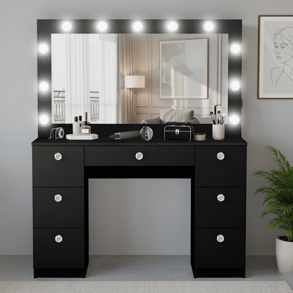 Ember Interiors Pam Black Makeup Vanity Desk with Mirror, Lights and Charging Station