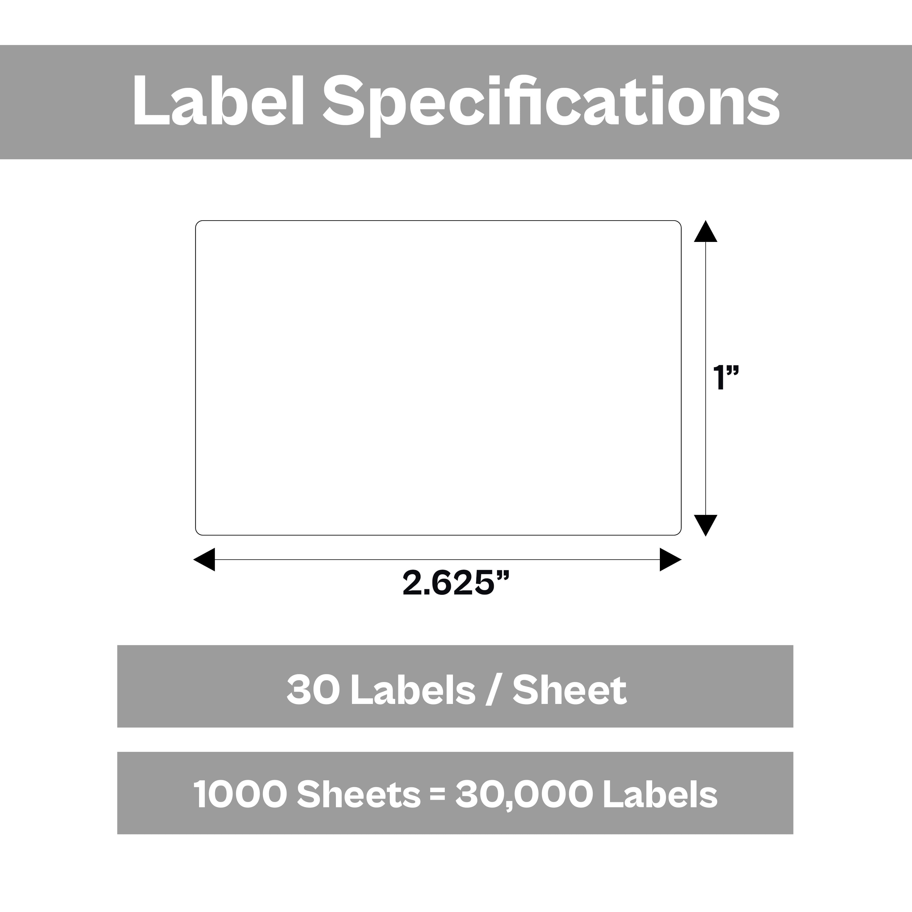 MMBM 30-Up Labels, 1000 Pages, White, 1 x 2.625 Inch, Address and All Purpose Sticker Labels for Laser or Inkjet Printers