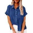 thumbnail image 2 of DondPO Tshirts Shirts for Women Short Sleeve Shirts Summer New Ladies Loose Blouses Cotton And Lapel Rolled Short Sleeve Button Shirt Tee Shirt Womens Tops Business Casual Tops Blue 1 M, 2 of 5