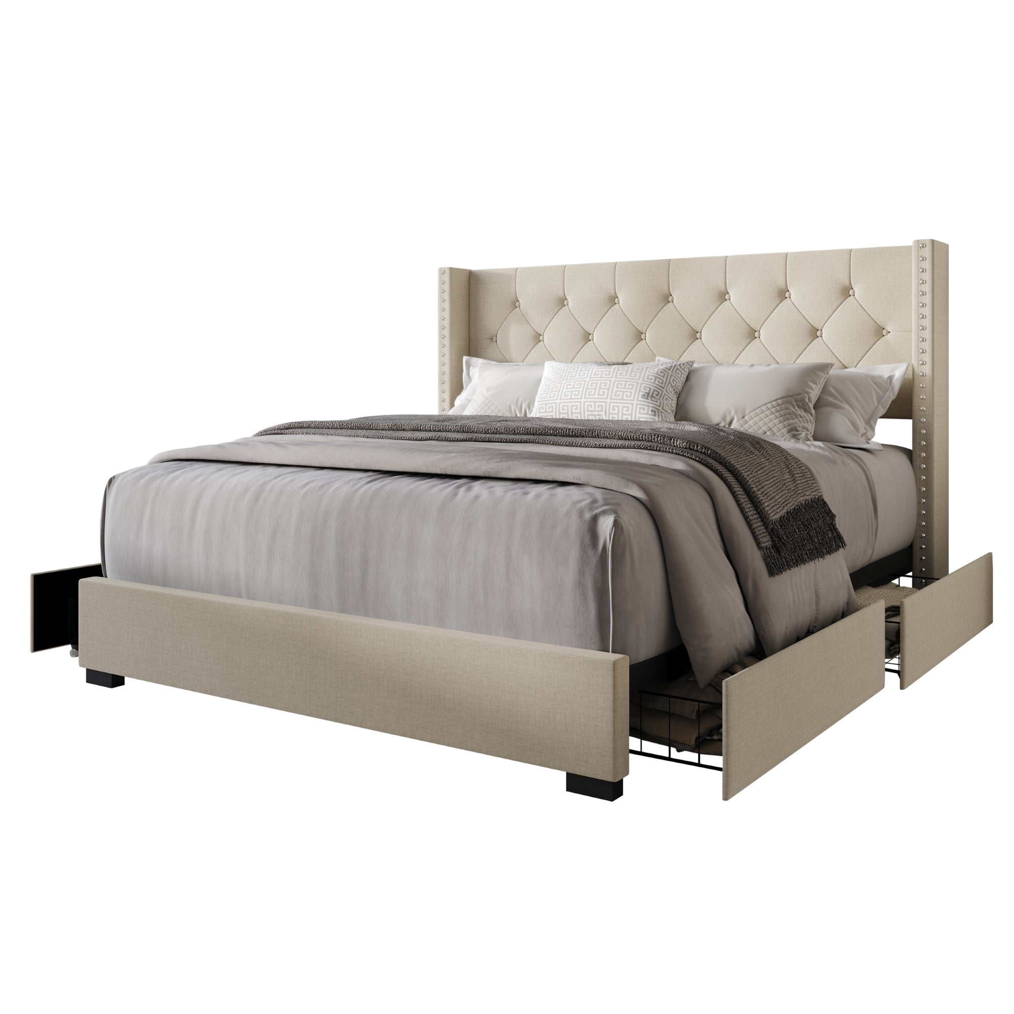 Home Design Greeley King Tufted Upholstered Storage Platform Bed Frame with Button-Tufted Wingback Headboard and Four Under-Drawers, Beige, Easy Assembly