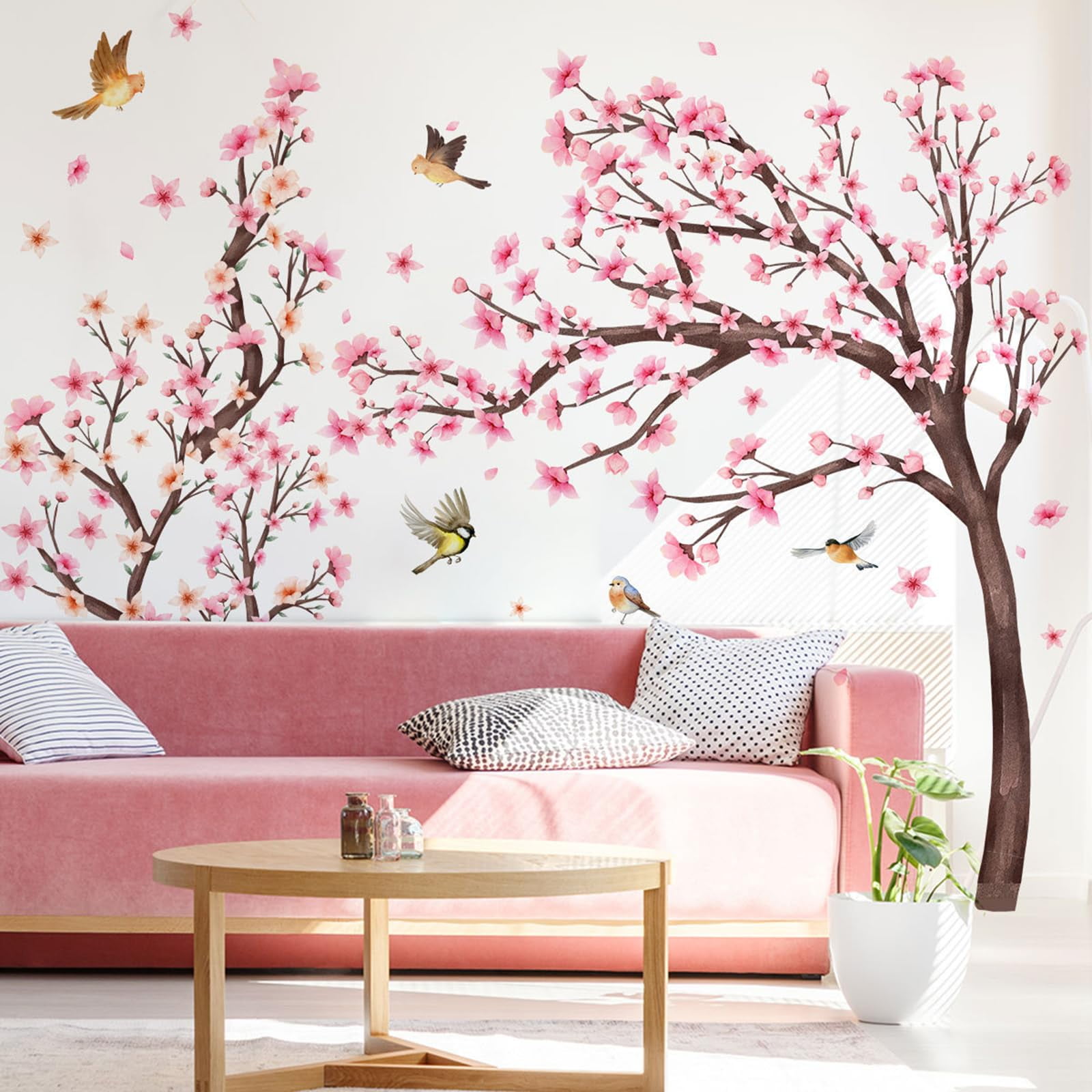 Large Cherry Blossom Tree Wall Stickers Pink Flower Tree Wall Decals for Girls Kids Bedroom Nursery Living Room TV Wall Decor