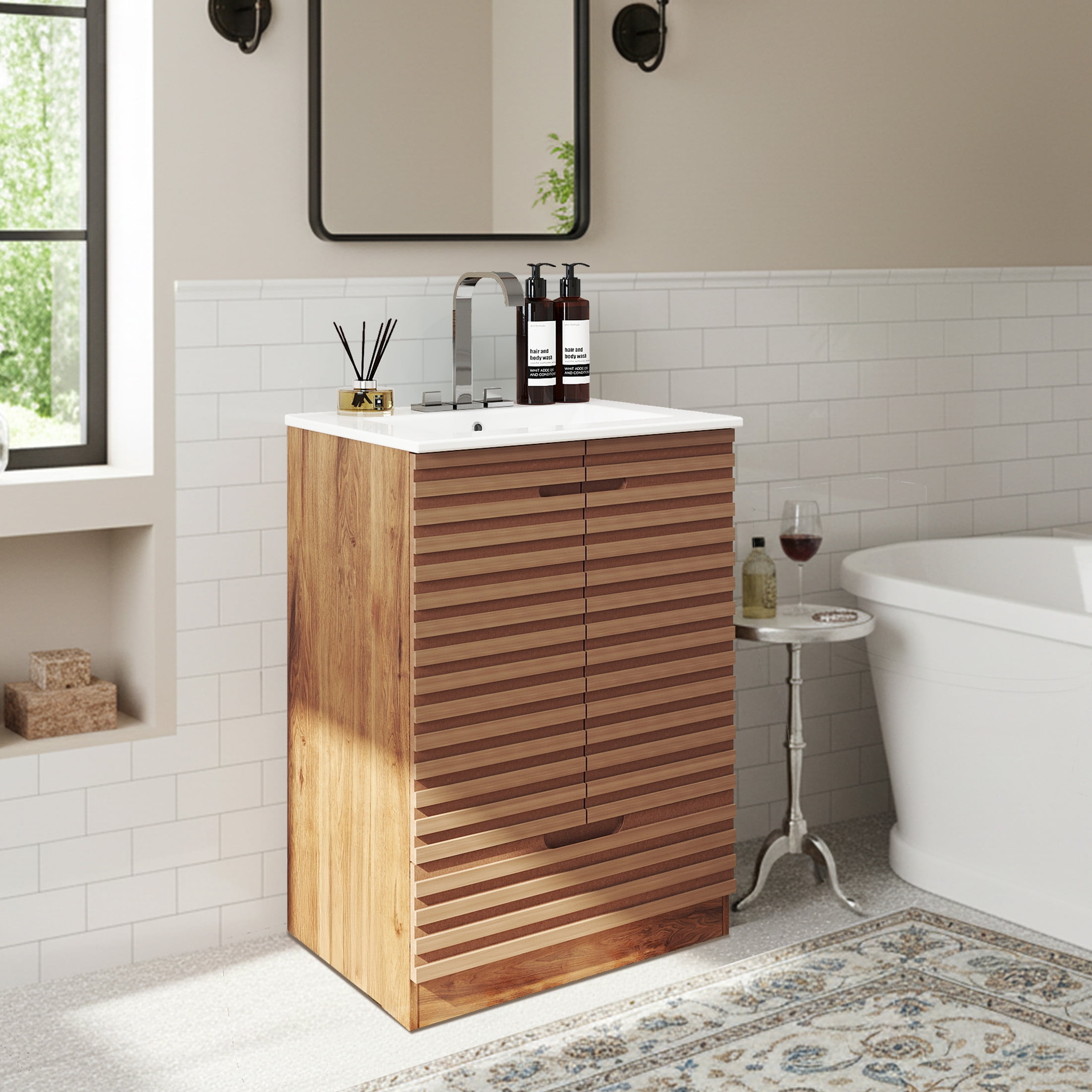 EDX 24-inch Ripple Bathroom Vanity Cabinet, Freestanding Modern Cabinet Vanity with Sink, 2 Soft-Closing Doors & 1 Drawer, Natural Wood