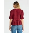 thumbnail image 3 of Time and Tru Women's Tie Front Peplum Top with Short Puff Sleeves, Size XS – XXXL, 3 of 5