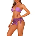 thumbnail image 4 of Conjuntos de bikini de 3 piezas para mujer, con anillo, tirantes fruncidos, trajes de baño sin tirantes con pareo y falda de playa, pequeño, púrpura, 4 of 5