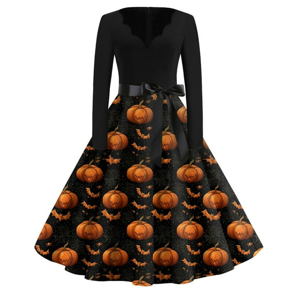 WTOBBY Women's Elegant V-Neck Slim Fit Halloween Printed Dress with Long Sleeves, Retro Design, and Casual Look for Party Wear and Festive Events ,Black L