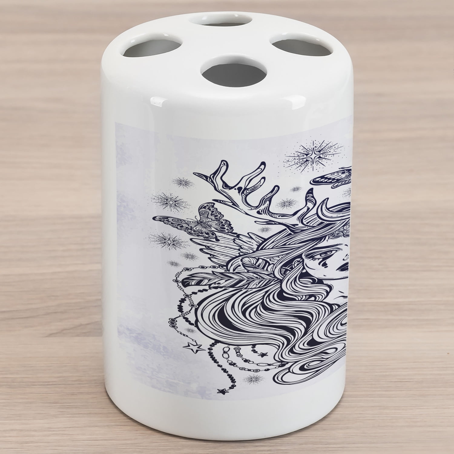 Bohemian Ceramic Toothbrush Holder, Woman Deer Antlers and Long Hair