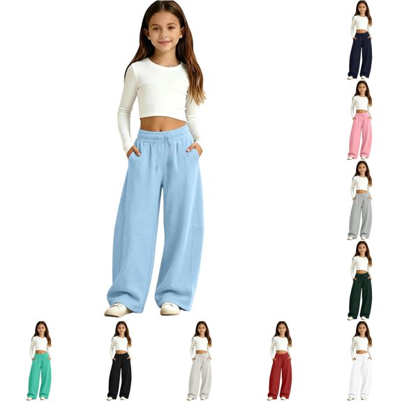 Rggeeun Girls Wide Leg Pants Athletic Baggy Sweatpants Training Breathable Trousers Elastic Waist With Pockets Outdoor Activities Kawaii,Blue,8-9 Years