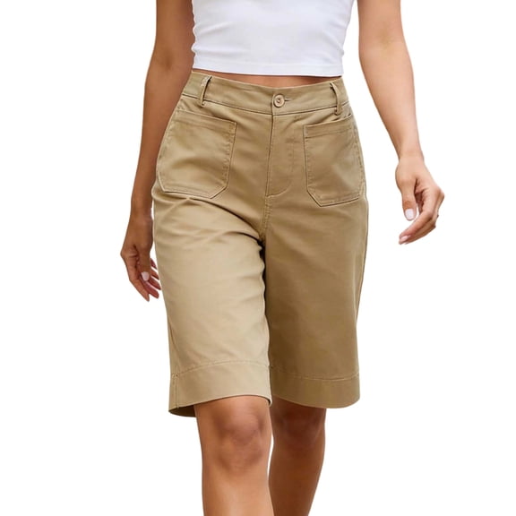 Women Bermuda Long Shorts 14" High Waisted Knee Length Capri Shorts with Pockets Summer Hiking Stretch Loose Capri Pants with Front Pockets
