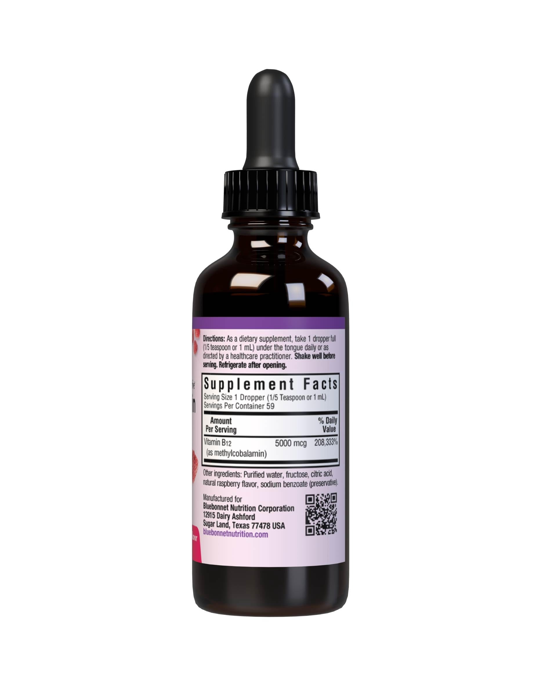 Bluebonnet Liquid Methylcobalamin Vitamin B12 5000 mcg Active Coenzyme, Raspberry, 2 Fl Oz