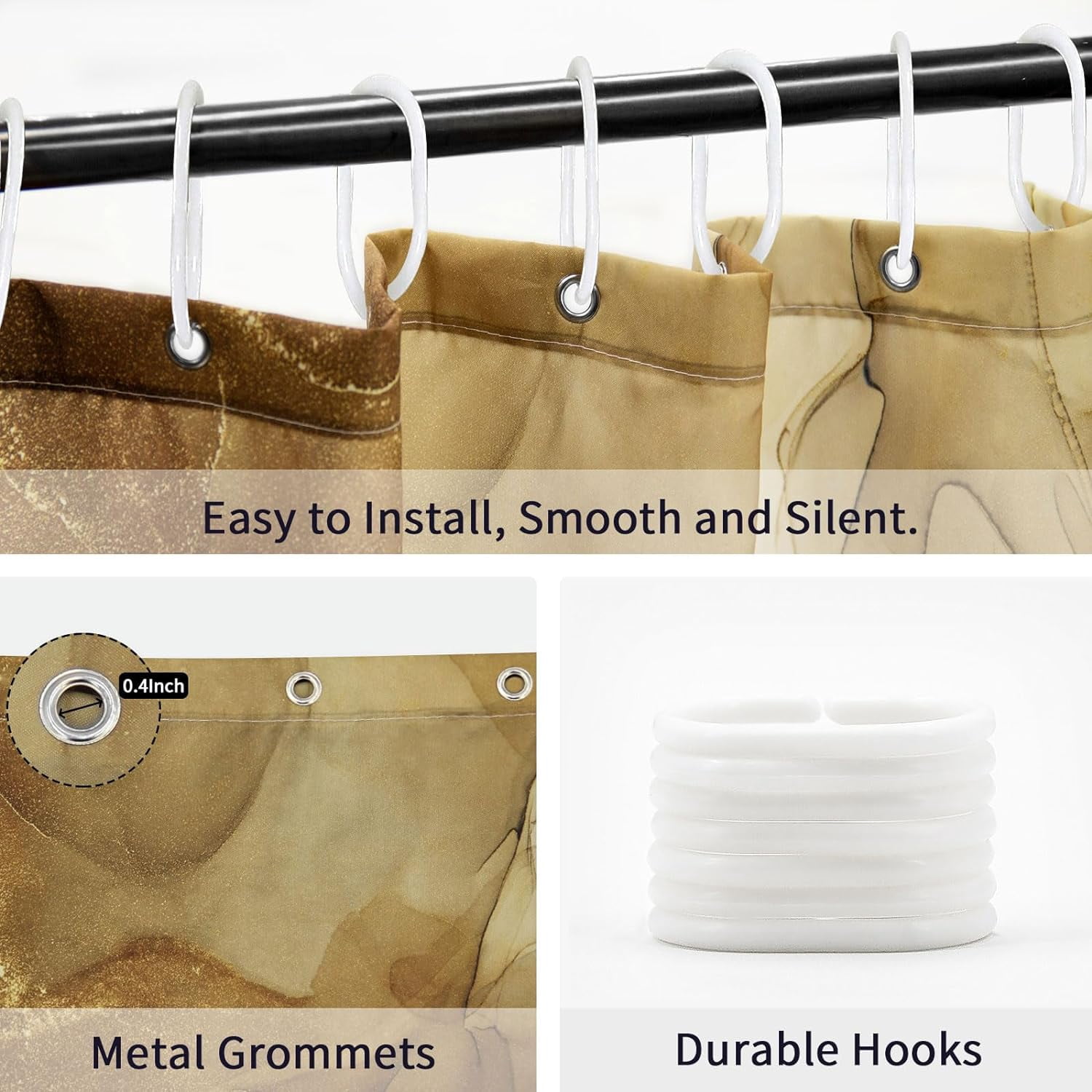 Brown Shower Curtain, Abstract Marble Fabric Shower Curtain for Bathroom, Modern Ombre Watercolor Ink Art Shower Curtain Set with Hooks, 72 x 72