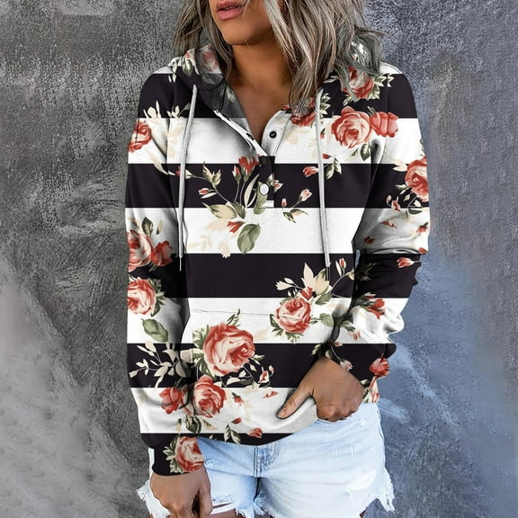 Pntutb Womens Fashion Print Pocket Long Sleeve Blouse Casual Tops Sweatershirt Button Hoodies