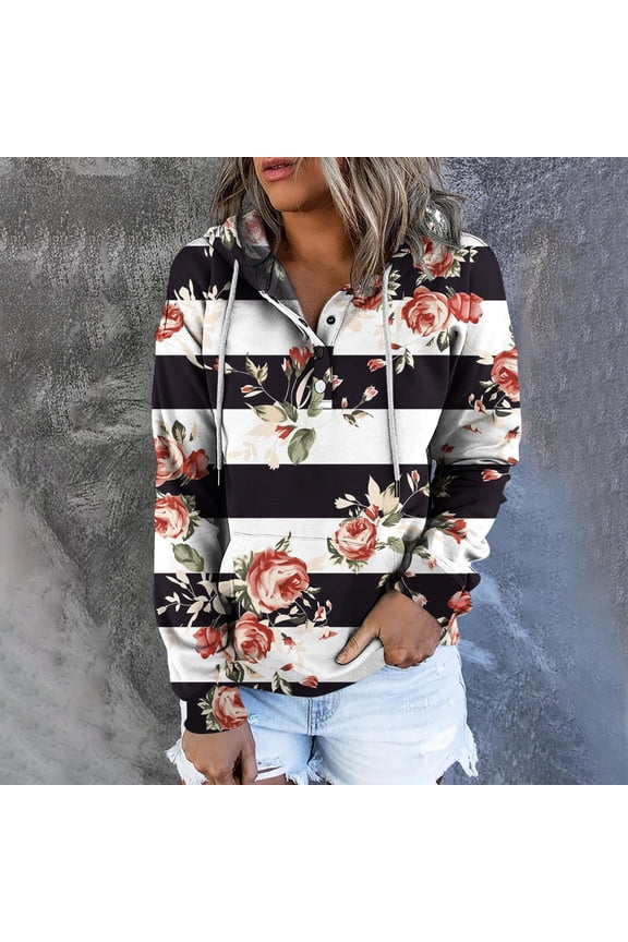 Womens Casual Hoodies Pullover Tops 2023 Drawstring Long Sleeve Button Down Hooded Sweatshirts Loose Trendy Fall Clothes with Pocket