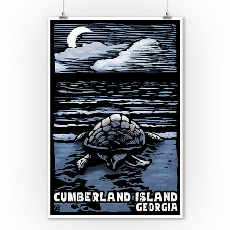 Georgia Set - Cumberland Island, Georgia - Sea Turtle on Beach - Scratchboard - Lantern Press Artwork (9x12 Art Print, Wall Decor Travel Poster)