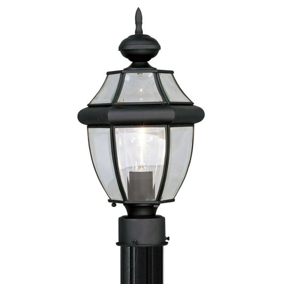 1 Light Black Outdoor Post Lantern Pendant Lighting Fixture with Clear Beveled Glass Shade backed with Hand Crafted Solid Brass material for patio, front porch, entryway and more