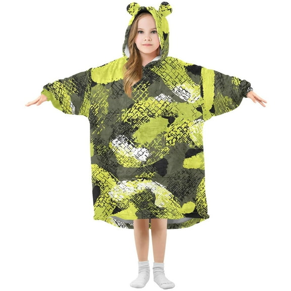 Dailycode Wearable Blanket Hoodie Oversized Sherpa Flannel Blankets with Pocket for 3-14 Year Old Green Snake_skin