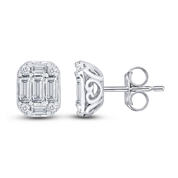 1/2 Carat Baguette And Round Cut White Natural Diamond Stud Earrings In 14k White Gold Over Sterling Silver (I-J Color, I2-I3 Clarity,0.50 Cttw)