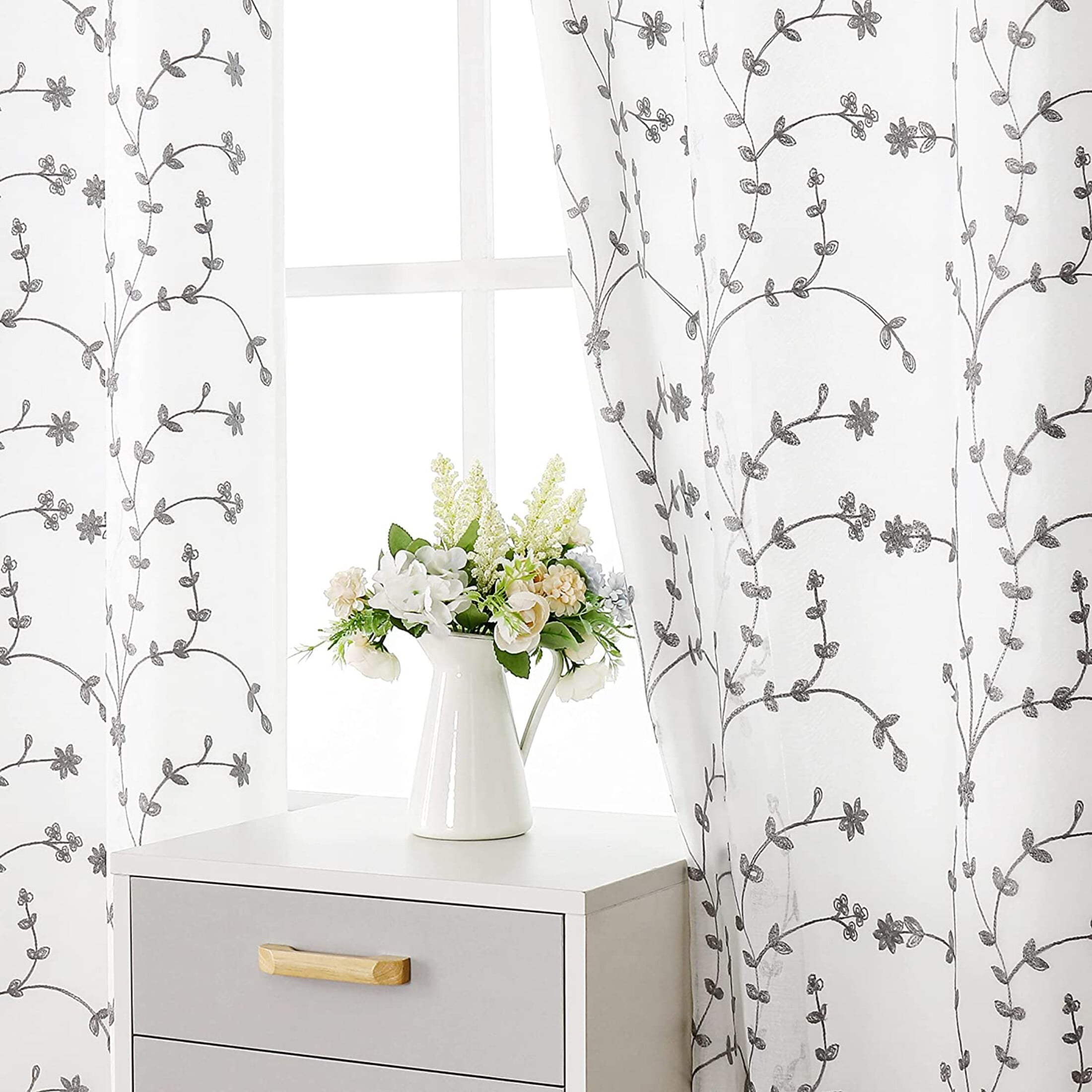 Pinewave Semi Sheer Gray Leaf Curtains Embroidery Floral White Drapes, 2 Panels