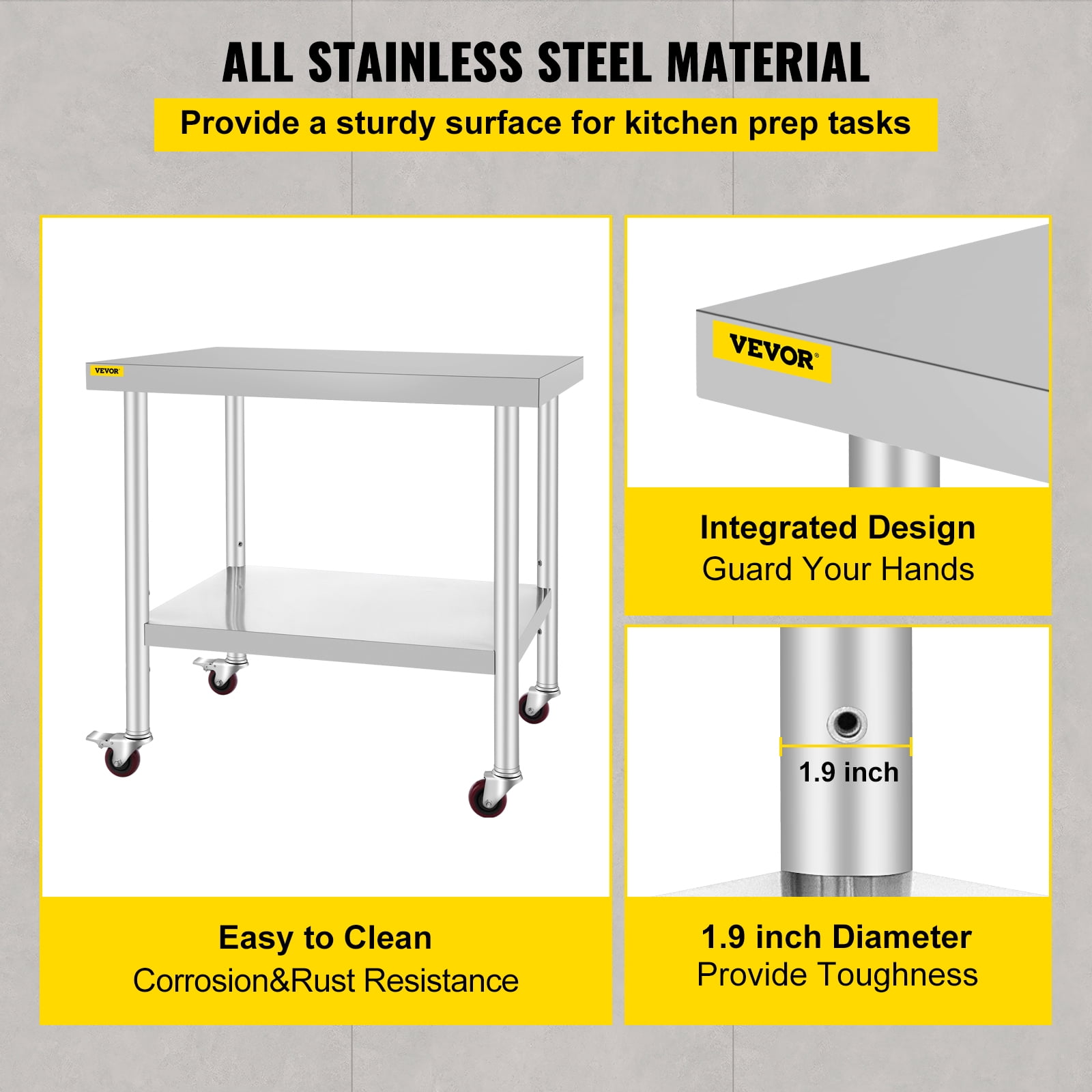 VEVOR Stainless Steel Work Table / Commercial Prep Table 30×36×34 inch;Stainless Steel;3‑Stage Adjustable Shelf;4 Wheels 2 with Brake;220 lb Capacity
