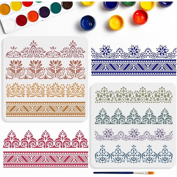 8 Styles Lace Border Stencils 11.8×11.8inch Retro Ornate Flower Border Stencils with Paint Brush DIY Art Craft Floral Edge Templates
