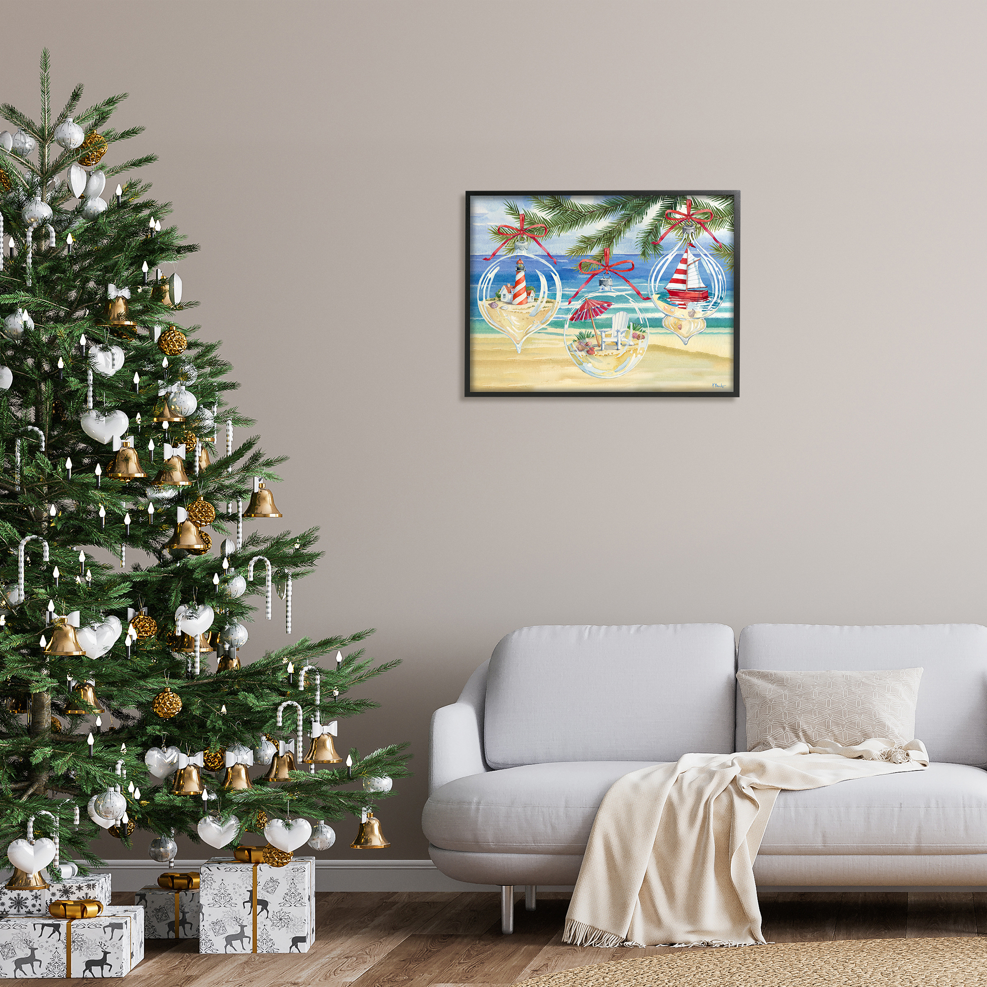 Stupell Industries Coastal Christmas Ornaments Holiday Painting Black Framed Art Print Wall Art, 30 x 24