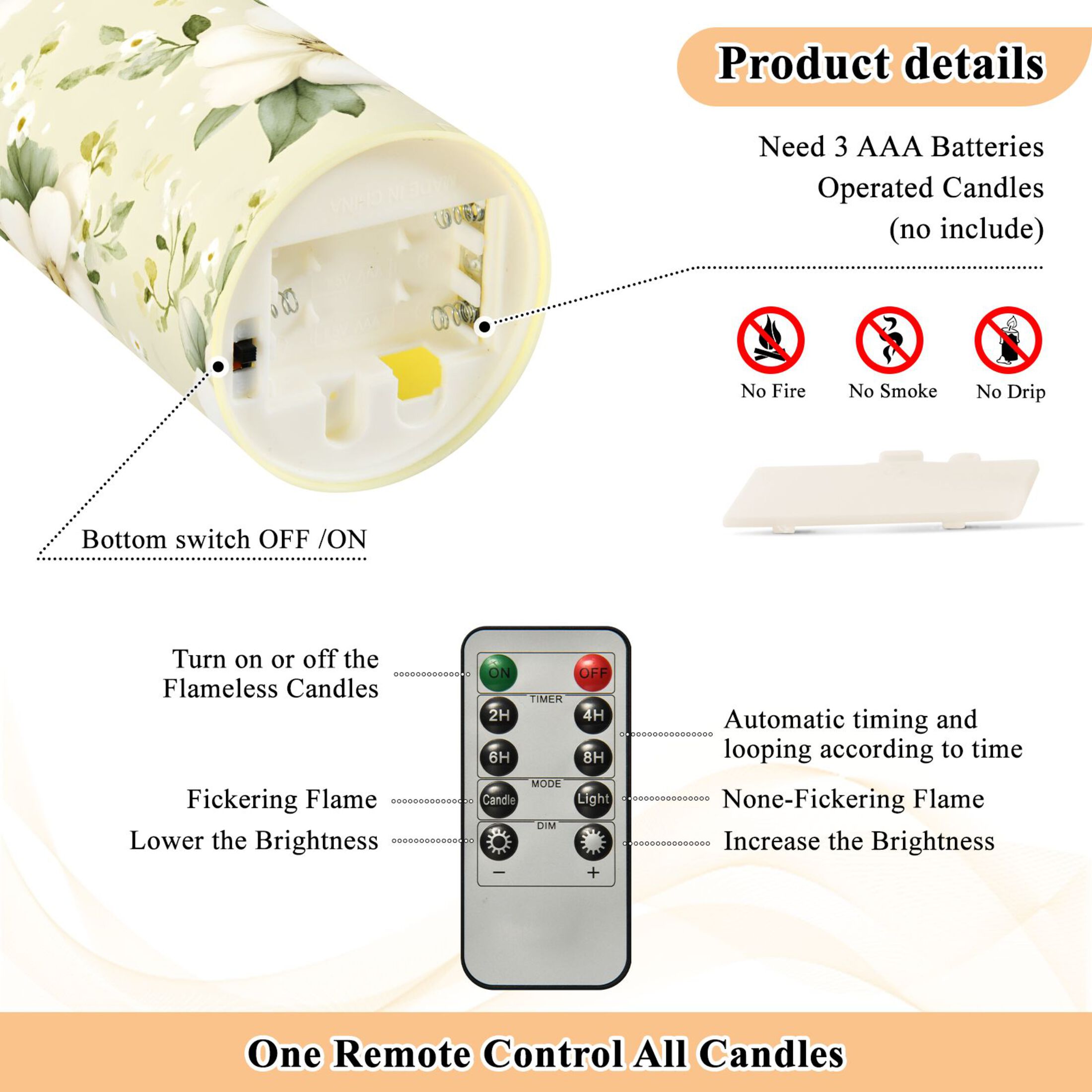 Flowers and Bees Flameless Candles 2 PCS with Remote Realistic Moving Flame LED Tapered Pillar Set for Home Decor