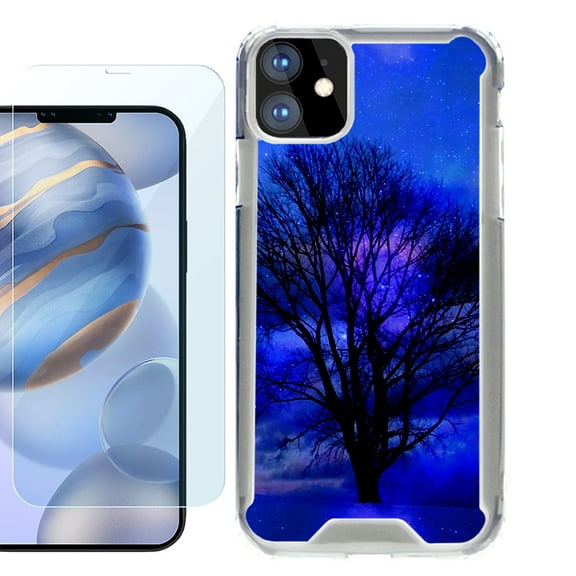 For Apple iPhone 12 Case, iPhone 12 Pro Case, Hybrid Bumper Phone case, with Tempered Glass Screen Protector, by OneToughShield ® - Night Tree