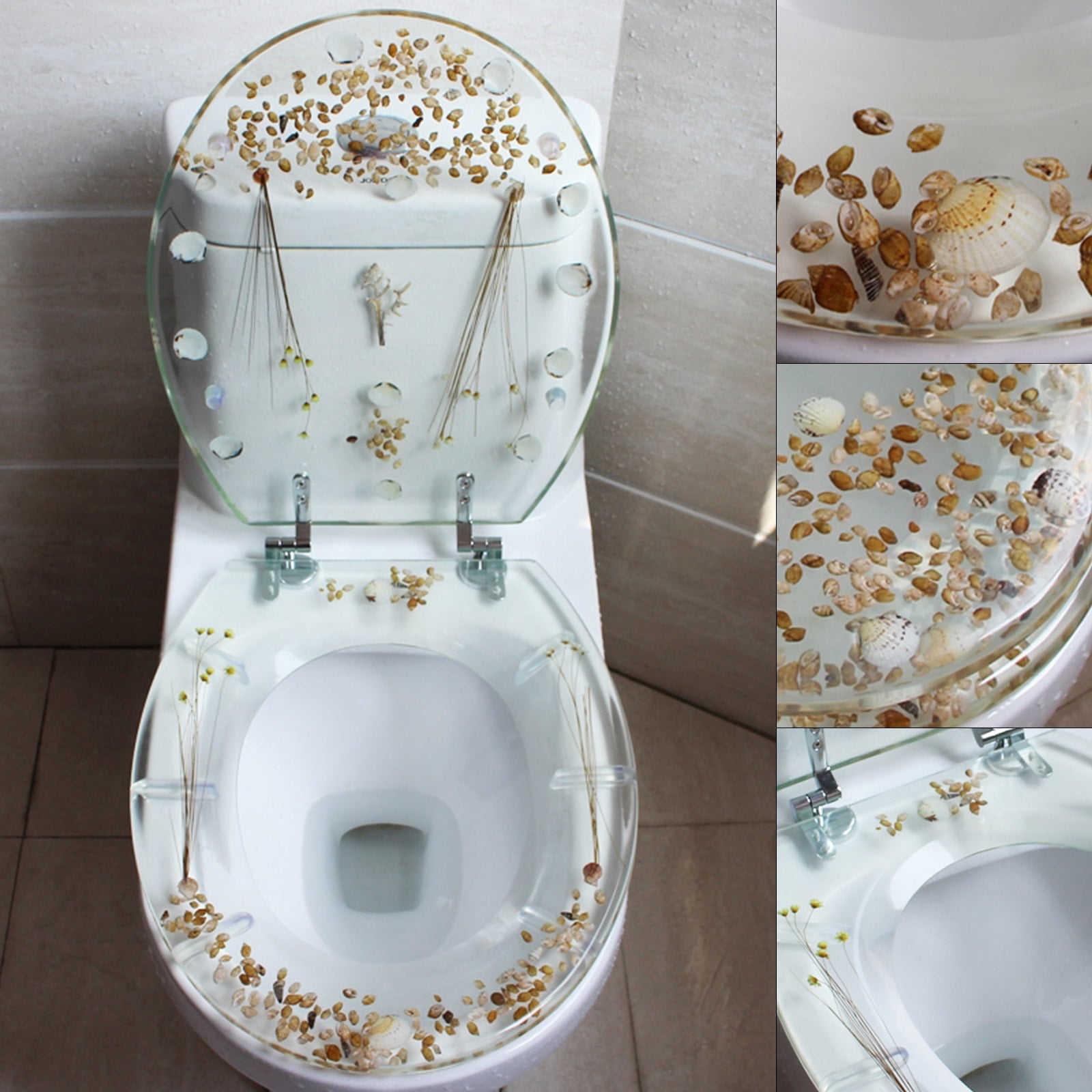 Dwellnix Heavy-Duty Decorative Toilet Seat with Clear Acrylic & Preserved Botanicals | 330lbs Capacity | Stainless Steel Reinforced Resin Construction