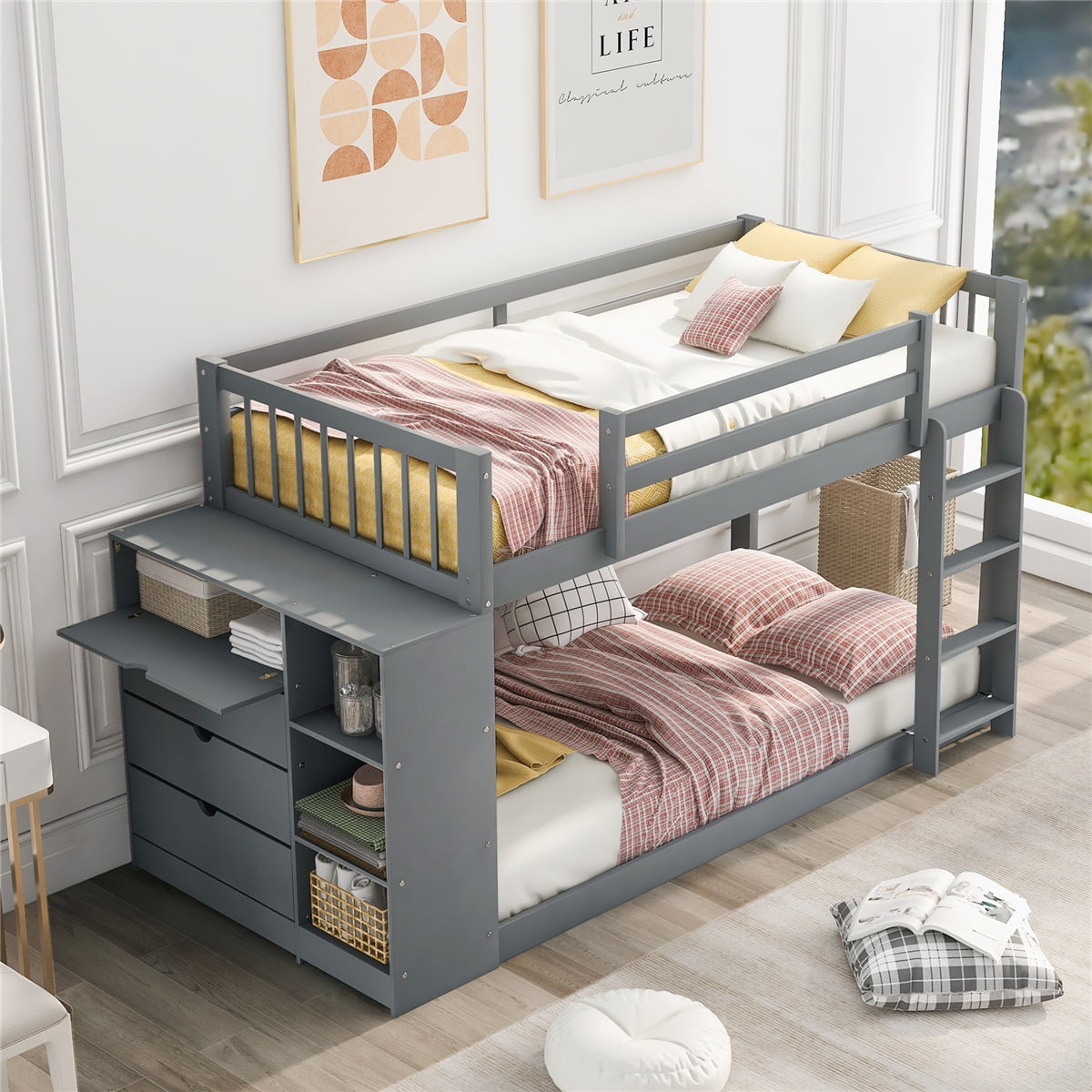 Churanty Twin Over Twin Floor Bunk Bed With Attached Cabinetshelves