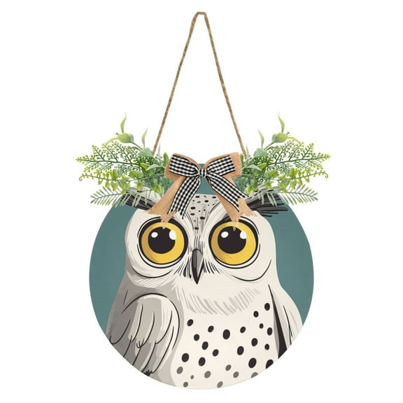 Cartoon Cute Owl Front Door Porch Decoration Hanging Sign with Artificial Green Plants and Bow for Home Outdoor Indoor