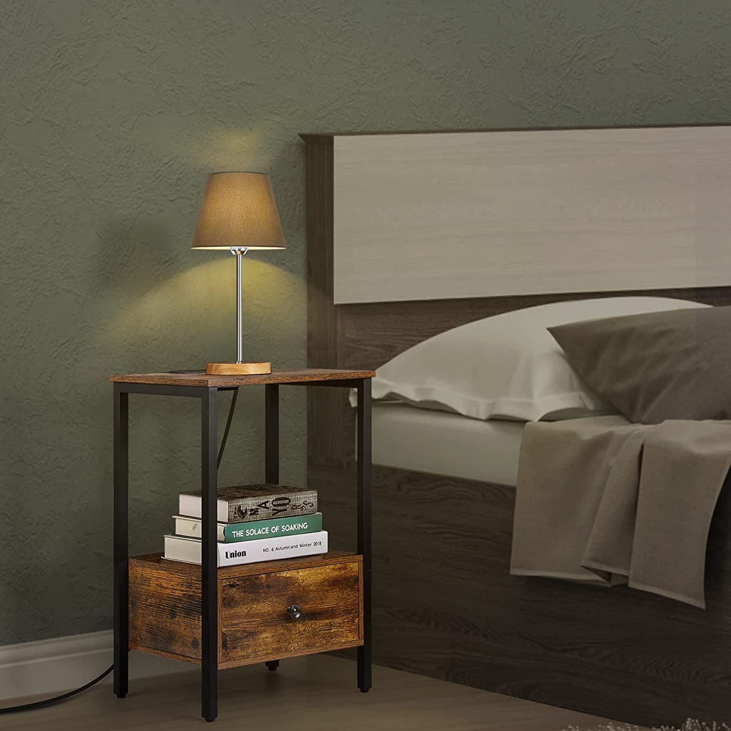 Oumilen Adult Modern Nightstand with Charging Station, Brown