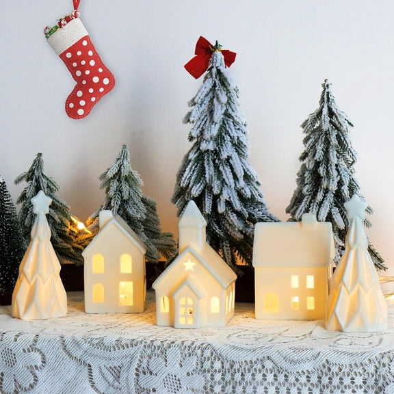 Wanchiy 5-Piece Light Up White Ceramic Christmas Village Set, 3 Houses 2 Xmas Trees, Warm LED Lights Tabletop Winter Holiday Home Decor