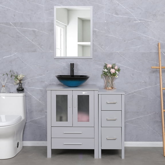 Eclife 36"W x 20"D x 32"H Gray Bathroom Vanity Cabinet Sink Combo Ocean Blue Square Tempered Glass Vessel Sink with Side Cabinet with Faucet Drain High Definition Mirror Set