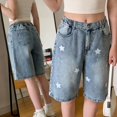 thumbnail image 2 of Hiijoy Girls Jean Shorts Star Casual Pockets Shorts Button High Rise Elastic Waist Shorts, 2 of 7