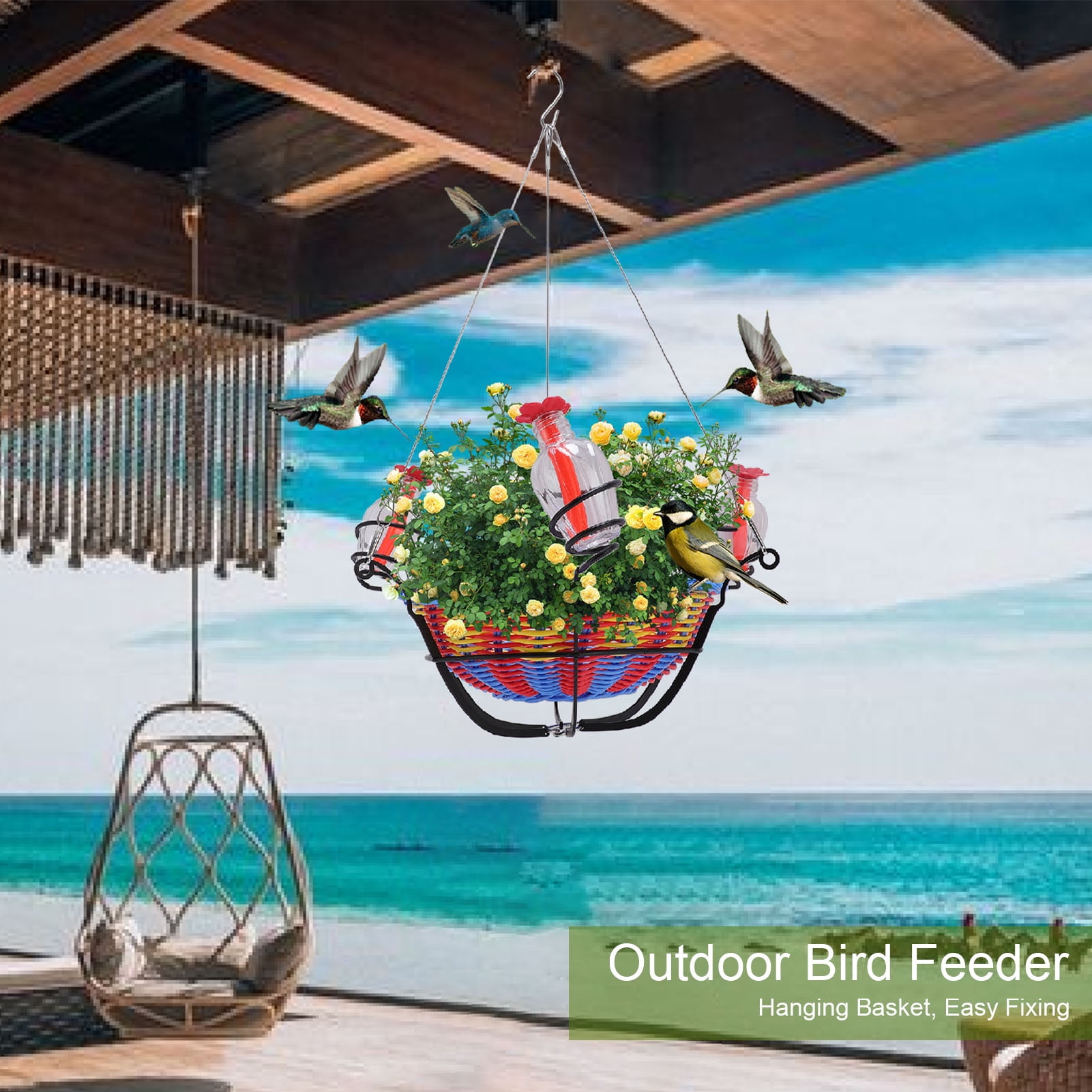 BIMZUC Outdoor Hanging Bird Feeder Rattan Basket Water Feeding Station for Hummingbirds, Garden Balcony Tree Branch Decor, 16.9 x 11.8 inches / 43 x 30 cm, Multi-color