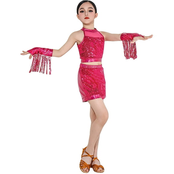 MIXUE Girls Outfit Sets Kids Summer Sequins Crew Neck Sleeveless Tops Elastic Shorts Dance Performance Streetwear,Pink,5-6 Years