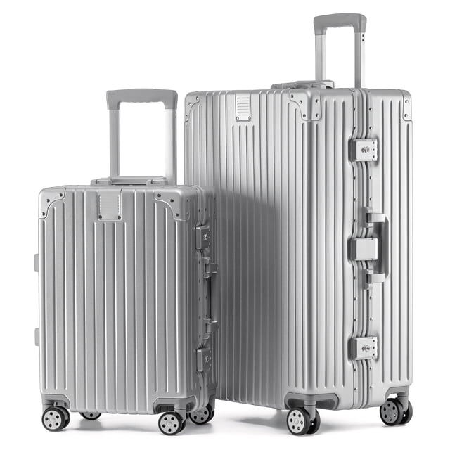 Set de 2 Maletas Rígidas KOFA Zurich 20 y 28”, Aluminio con Cerradura TSA, Ruedas 360° y Mango Telescópico Plateado