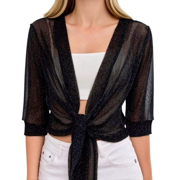 Vinsonshop Womens Tie Front Shrug Sheer Bolero Lightweight Cropped Cardigan for Evening Dresses Black L