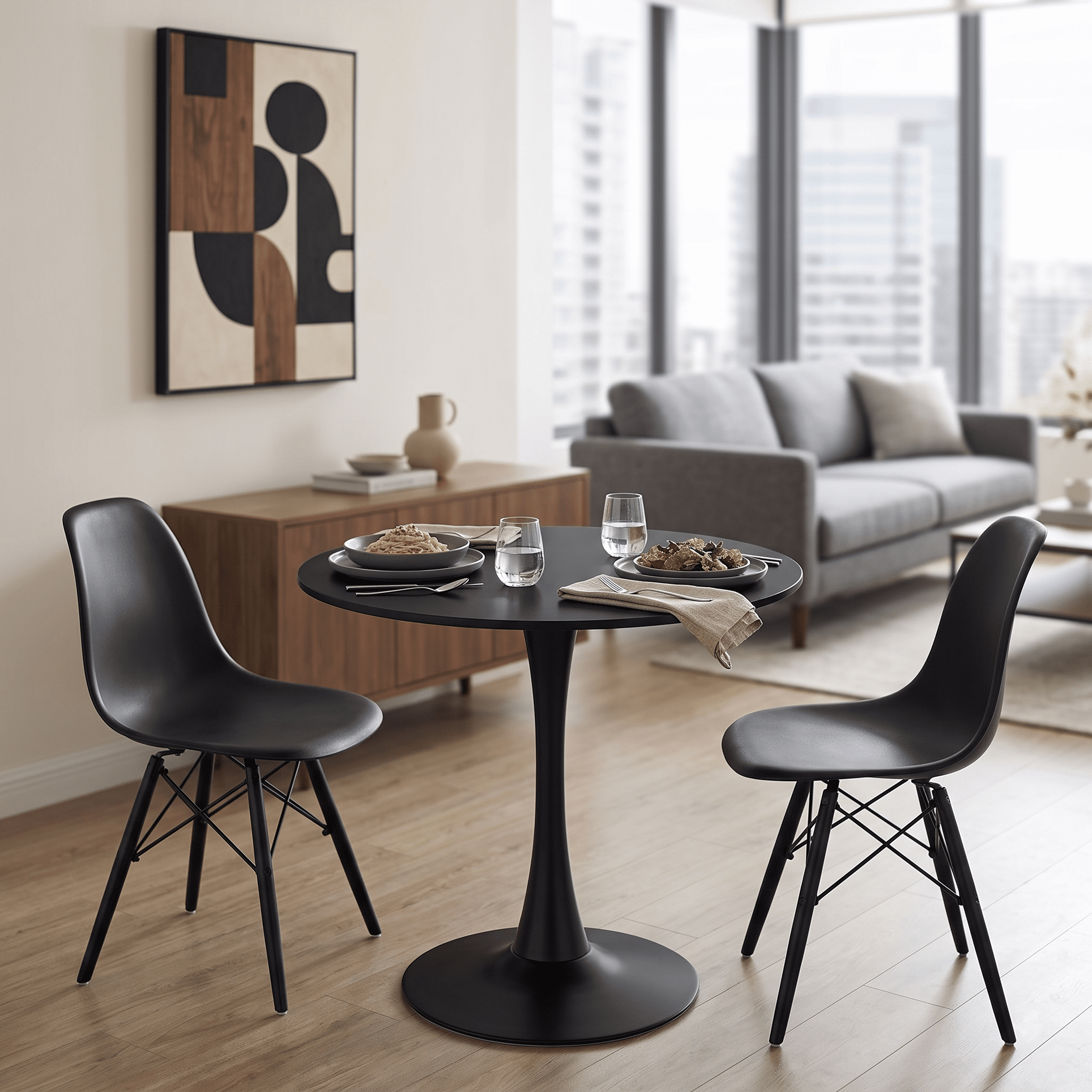 Homy Casa 31.5" Round Dining Table for 2, Mid-Century Pedestal Kitchen Table for Apartments, Black