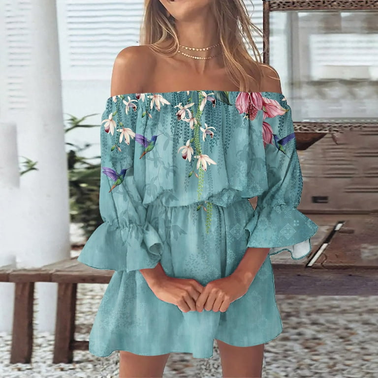 Usmixi Womens Dresses Beach Flared Sleeve Off Shoulder Elastic