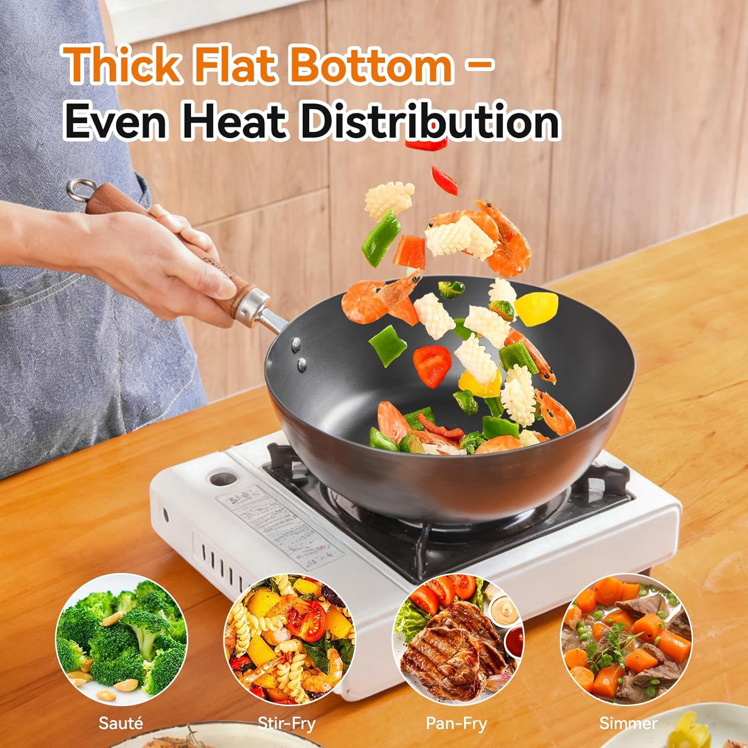 Carbon Steel Wok Flat Bottom 10.2 Inch with Glass Lid, Spun Iron Stir Fry Pan Coating- Naturally Seasoned for Gas Electric Stovetops