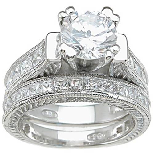 Princess Kylie Round Center Cubic Zirconia Bezel Set Sides Bridal Ring Rhodium Plated Sterling Silver