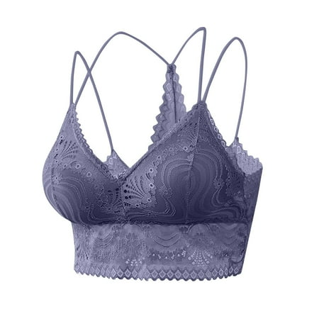 APEXFWDT Women Wirefree Bralette Cross Strap Sports Bra Lace Trim Seamless Crop Top Lightweight Lounge Bra for Pilates Casual Outfits L Gray