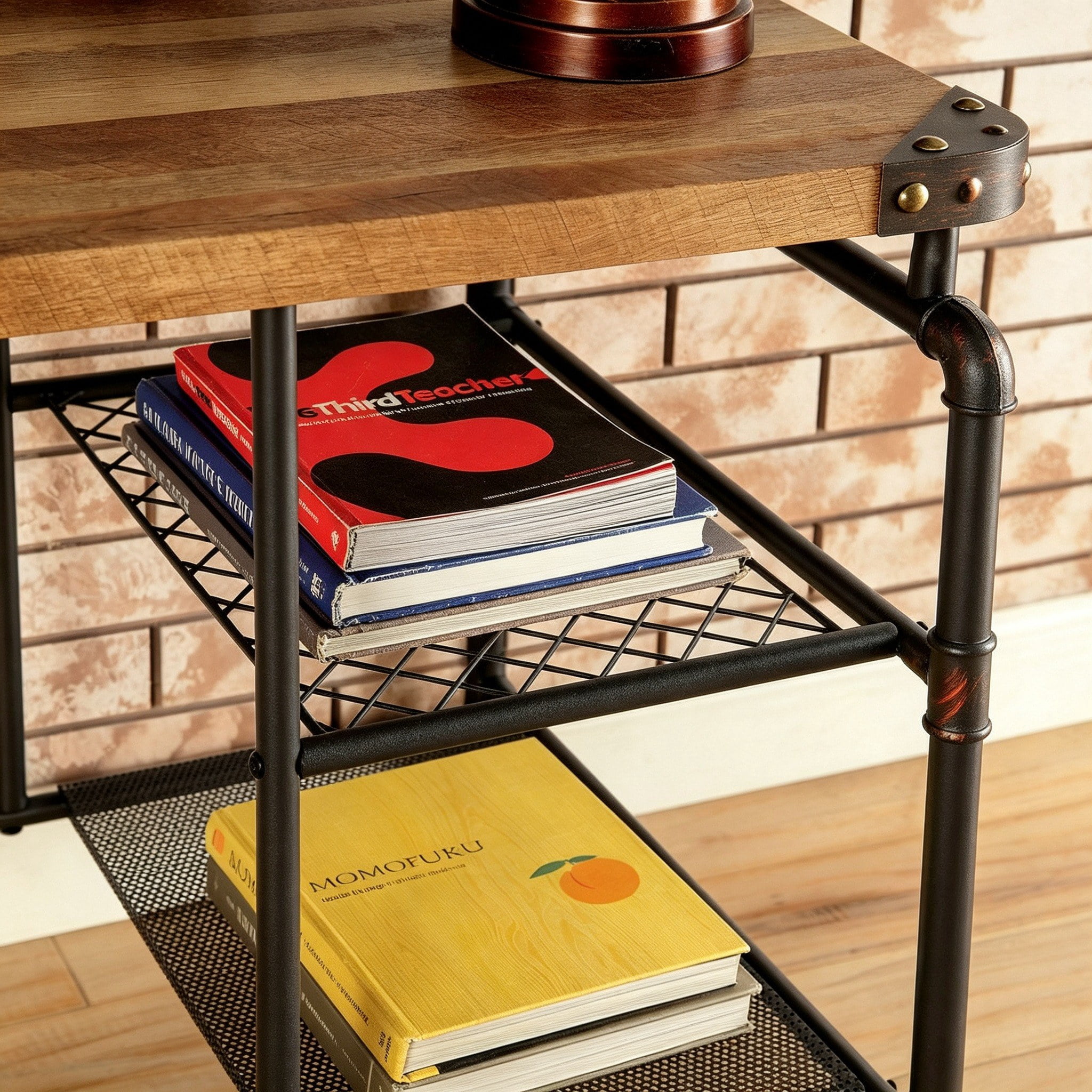 Astoutdoor Industrial Style Desk with Open Shelves and Casters, Antique Black Finish