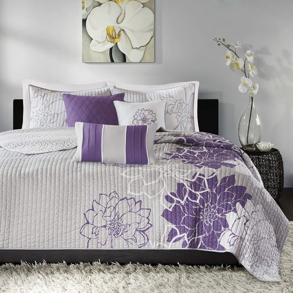 Madison Park King/Cal King Size 6 Piece Printed Cotton Quilt Set with Throw Pillows ,Reversible Bed Cover for All Seasons,Taupe Grey