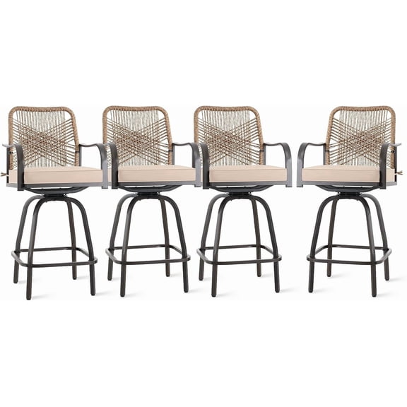 Swivel Outdoor Bar Stools Set of 4, Wicker Patio Chair 28”, Beige,High Top Counters, 360°Swivel, All-Weather Cushion, Metal Frame, Rattan Backrest,Armrest & Footrest,for Patio Garden Backyard